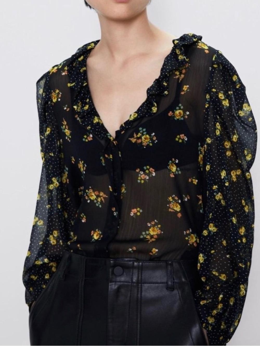 Zara Black Sheer Yellow Floral Ruffle Blouse